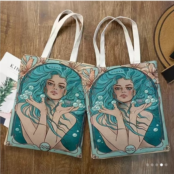 Aquarius Girl Print Canvas Tote Bag,Large Capacity Lightweight Reusable artsy - Picture 5 of 6